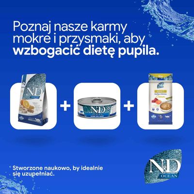 N&D Ocean karma sucha, mokra i przekąska obok siebie. Tekst: Stworzone naukowo, by idealnie się uzupełniać.