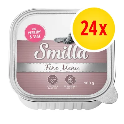 Smilla Fine Menu, 24x100 g, with poultry & veal, contains taurine, grain-free recipe. Widoczne opakowanie aluminiowe z różową etykietą.