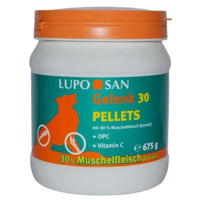 Кутия Lupo San Gelenk 30 Pellets, 675 г. Видим текст: mit 30 % Muschelfleisch (Extrakt), + OPC, + Vitamin C, 30% Muschelfleisch (Extrakt)