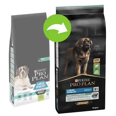 Ambalaj vechi și nou pentru Purina Pro Plan Large Robust Adult Sensitive Digestion, 14 kg. Text vizibil: High Protein, No added colourants, No1 Lamb Agneau Agnello, 2+, Sensitive Digestion.
