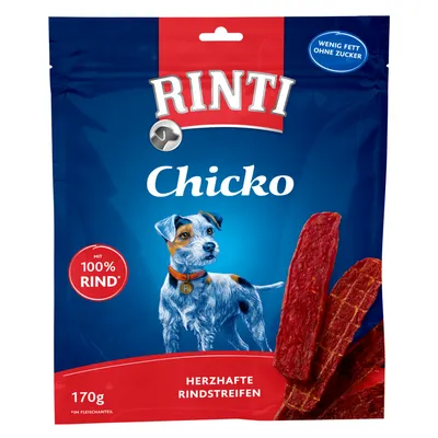Rinti Chicko, herzhafte Rindstreifen, 170g. Mit 100% Rind, wenig Fett, ohne Zucker.
