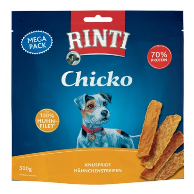 Rinti Chicko Mega Pack, 500g. Strisce croccanti di pollo con 100% filetto di pollo e 70% di proteine. Confezione con cane e immagine del prodotto.