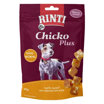 RINTI Chicko Plus, 80 g. KÄSE-WÜRFEL. 100% Huhn mit herzhaftem Käse. Paquete con dados de queso y pollo para perros. Texto en alemán: reich an calcium. RINTI Chicko Plus, 80 g. KÄSE-WÜRFEL. 100% Huhn mit herzhaftem Käse. Paquete con dados de queso y pollo para perros. Texto en alemán: reich an calcium.