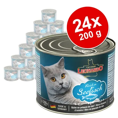 Leonardo Cat Food Reich an Seefisch, zestaw 24 puszek po 200 g. Na etykiecie zdjęcie kota, napis Made in Germany.