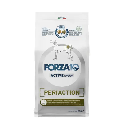 FORZA10 Active Vet Diet Periaction, Limited Ingredients Formula, mit Active Fresh System und AFS-Tablette. Unterstützt die Reduktion von Unverträglichkeiten. Nettogewicht: 4 kg.