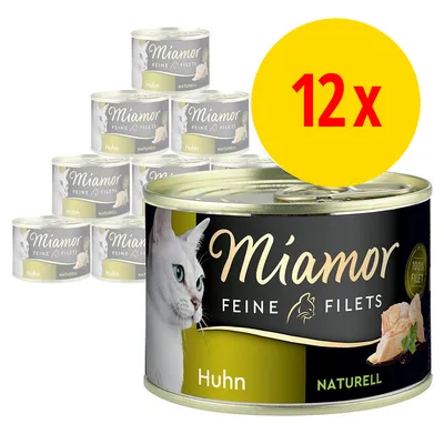 12 burkar Miamor Feine Filets Huhn Naturell kattmat, synlig text: 100% Filet. Bild på vit katt och kycklingfilé på förpackningen. 12 burkar Miamor Feine Filets Huhn Naturell kattmat, synlig text: 100% Filet. Bild på vit katt och kycklingfilé på förpackningen.
