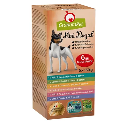 GranataPet Mini Royal, 6-pack multipack, grain-free, pomegranate seeds, green-lipped mussel. Varieties: veal & rabbit, lamb & potato, chicken & shrimp, salmon & turkey, game & Angus beef, duck & goose.