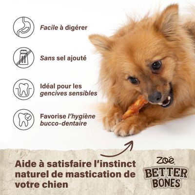 Zoë Better Bones. Facilement digestible, sans sel ajouté, idéal pour les gencives sensibles, favorise l’hygiène bucco-dentaire. Satisfait l’instinct naturel de mastication des chiens.