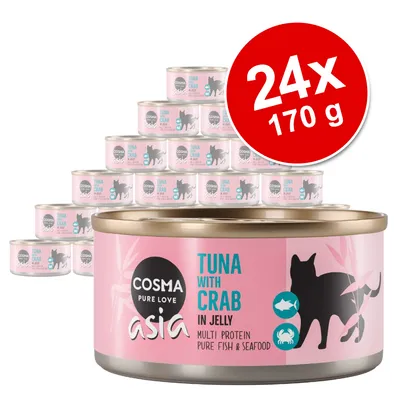 Cosma Asia Tuna with Crab in Jelly, 24 puszki po 170 g. Na etykiecie: multi protein, pure fish & seafood, grafika kota, ryby i kraba. Cosma Asia Tuna with Crab in Jelly, 24 puszki po 170 g. Na etykiecie: multi protein, pure fish & seafood, grafika kota, ryby i kraba.