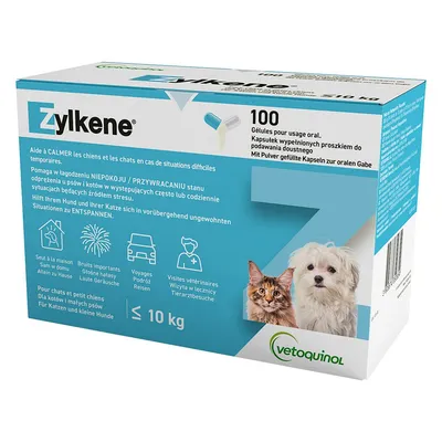 Zylkene 100 kapselia, alle 10 kg kissoille ja pienille koirille. Vetoquinol. Pakkauksessa kuvat kissasta ja koirasta sekä käyttöaiheita eri kielillä.