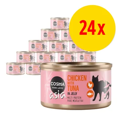 24 burkar Cosma Asia Chicken with Tuna in Jelly, synlig text: multi protein, pure meat & fish. Rosa etikett med siluett av katt, kyckling- och fiskikon. 24 burkar Cosma Asia Chicken with Tuna in Jelly, synlig text: multi protein, pure meat & fish. Rosa etikett med siluett av katt, kyckling- och fiskikon.