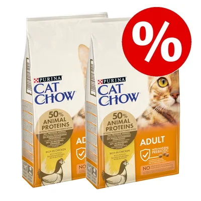 Две опаковки Purina Cat Chow Adult, 50% animal proteins, rich in chicken, с изображение на котка и голям червен знак за процент отстъпка.