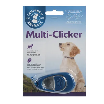 Company of Animals Multi-Clicker s nastavitelnou hlasitostí, vhodný pro štěňata a citlivé psy. Doporučeno Dr. Rogerem Mugfordem, předním britským zoopsychologem.