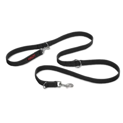 Adjustable black lead with metal clip and rings, showing multiple attachment points for varied lengths or uses.