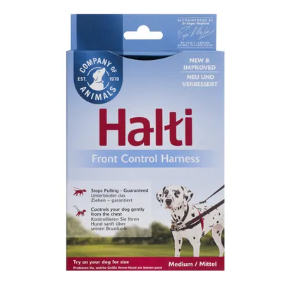 Halti Front Control Harness, Medium. Estää vetämisen – takuuvarmasti. Hallitse koiraasi lempeästi rintakehän kohdalta. Kokeile, mikä koko sopii parhaiten koirallesi.