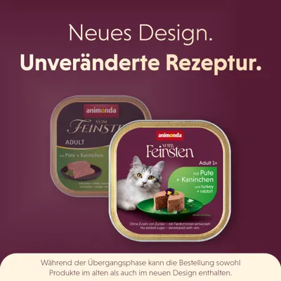 Neues Design, unveränderte Rezeptur. animonda vom Feinsten Adult mit Pute + Kaninchen. Bestellung kann altes und neues Design enthalten. Neues Design, unveränderte Rezeptur. animonda vom Feinsten Adult mit Pute + Kaninchen. Bestellung kann altes und neues Design enthalten.
