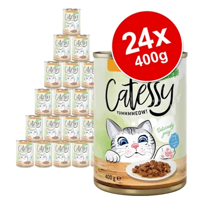 Catessy YUMMMMEOW! 24 x 400g tins, image shows stacked cans with cartoon cat and food on label, red badge reads 24x 400g. Text: Deliciously juicy, 400g. Catessy YUMMMMEOW! 24 x 400g tins, image shows stacked cans with cartoon cat and food on label, red badge reads 24x 400g. Text: Deliciously juicy, 400g.