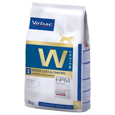 Virbac CAT W Weight Loss & Control, 3 kg. Veterinary HPM. Painonhallintaan ja diabeetikoille. Pakkauksessa näkyy ravintoarvotaulukko ja käyttöohjeita englanniksi.