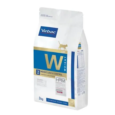Virbac Veterinary HPM Cat Weight W 2 Weight Loss & Control, 3 kg zak kattenvoer. Tekst: VETERINARY GLOBAL CARE. Voedingsadvies en analyse zichtbaar op zijkant verpakking.
