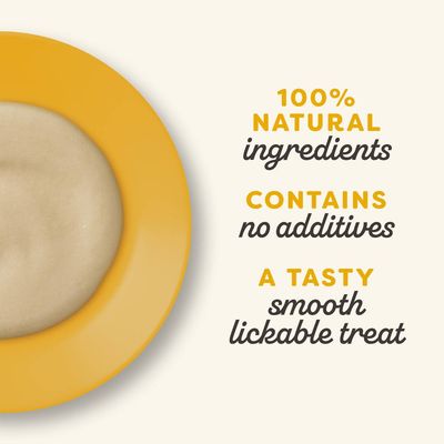 100% natural ingredients, contains no additives, a tasty smooth lickable treat (Engelstalige tekst op afbeelding)