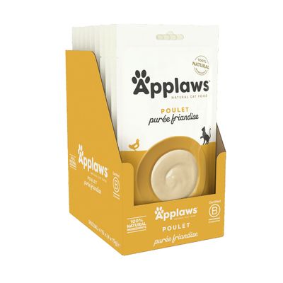 Boîte de sachets Applaws purée friandise poulet pour chat, 100 % natural ingredients, Certified B Corporation, 10 x 4 x 15 g visibles sur l’emballage.