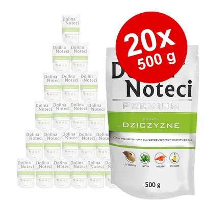 Dolina Noteci Premium, bogat în carne de vânat. Pachet cu 20 x 500 g pentru câini adulți de toate rasele. Ingrediente: orez, busuioc, morcovi, ulei de in.