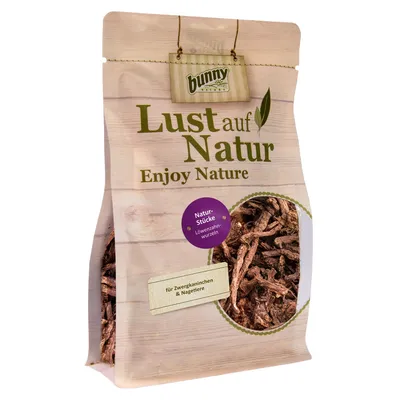 Sachet Bunny Lust auf Natur Enjoy Nature, Natur-Stücke Löwenzahnwurzeln, pour lapins nains et rongeurs. Racines visibles à travers l’emballage.