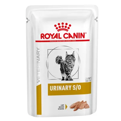 Royal Canin Veterinary URINARY S/O per gatti, confezione con immagine di gatto, scritta 'LOAF MOUSSE' e illustrazione del prodotto in mousse.