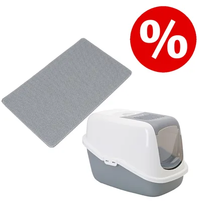 Set aus grauer Matte und geschlossener Katzentoilette mit Klappe, rotes Prozentzeichen für Rabattaktion sichtbar.