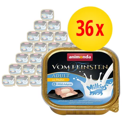 36 vaschette Animonda Vom Feinsten Adult mit Huhn + Milchkern Milkies, alimento umido per gatti. Testo visibile: 'ADULT mit Huhn + Milchkern'. 36 vaschette Animonda Vom Feinsten Adult mit Huhn + Milchkern Milkies, alimento umido per gatti. Testo visibile: 'ADULT mit Huhn + Milchkern'.