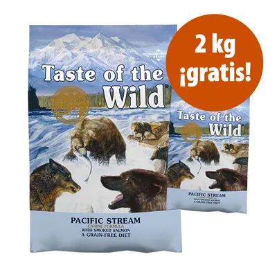 Taste of the Wild Pacific Stream con salmón ahumado, dieta sin cereales. Oferta: 2 kg gratis. Texto en inglés visible en el envase.