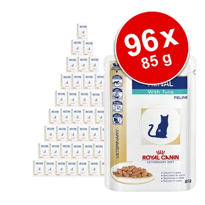 Royal Canin Veterinary Diet Renal With Tuna Feline, 96 x 85 g Portionsbeutel, Abbildung der Verpackung mit Katzenmotiv und Produktabbildung.