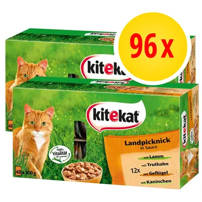 Confezione doppia Kitekat Landpicknick in Sauce, 96x100g, con visibile scritta 12x mit Lamm, mit Truthahn, mit Geflügel, mit Kaninchen. Immagine di un gatto e ciotola di bocconcini.