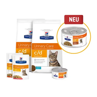 Hill's Prescription Diet Urinary Care c/d Multicare kattefoder, tør- og vådfoder. Synlig tekst: 'Urinary Care', 'c/d Multicare', 'NEU'. Billede af kat på emballagen.