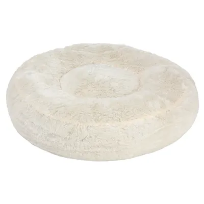 Round, plush, cream-coloured pet bed with raised edges and a soft, fluffy surface, shown from above to display its shape and texture. Round, plush, cream-coloured pet bed with raised edges and a soft, fluffy surface, shown from above to display its shape and texture.