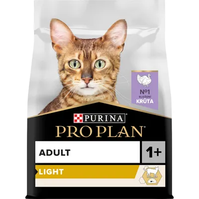 Purina Pro Plan Adult Light 1+ krmivo pre mačky, hlavná zložka morčacie, nápisy: ADULT, LIGHT, 1+, No1 složení krůta. Balenie s obrázkom mačky. Purina Pro Plan Adult Light 1+ krmivo pre mačky, hlavná zložka morčacie, nápisy: ADULT, LIGHT, 1+, No1 složení krůta. Balenie s obrázkom mačky.