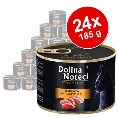 Dolina Noteci Premium, Bogata w Kaczkę, 24 Dosen à 185 g, Abbildung einer schwarzen Katze und Entenfleisch auf der Dose.