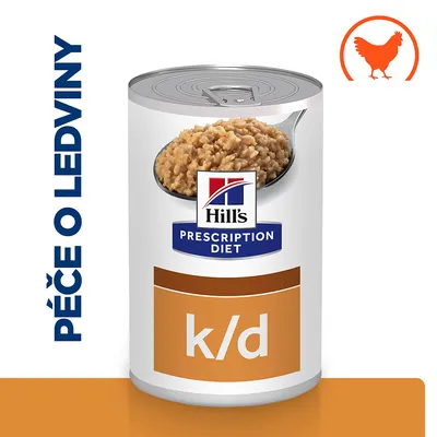 Konzerva Hill's Prescription Diet k/d, nápis PÉČE O LEDVINY, obrázek lžíce s krmivem, oranžová ikona kuřete v kruhu.