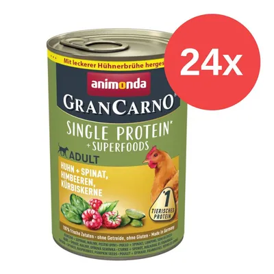 Animonda GranCarno Single Protein Adult, Huhn mit Spinat, Himbeeren und Kürbiskernen. 100% frische Zutaten, ohne Getreide, ohne Gluten, Made in Germany. Packung mit 24 Dosen.