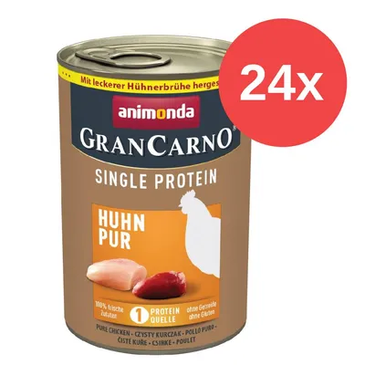 Animonda GranCarno Single Protein Pollo Pur, 100% ingredienti freschi, senza cereali, senza glutine, con gustoso brodo di pollo. Confezione da 24 lattine. Animonda GranCarno Single Protein Pollo Pur, 100% ingredienti freschi, senza cereali, senza glutine, con gustoso brodo di pollo. Confezione da 24 lattine.