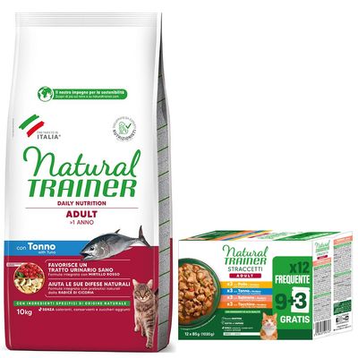 Natural Trainer Daily Nutrition Sterilised Adult >1 Anno with Salmon cat food, 10kg bag. Visible text in Italian: favorisce un tratto urinario sano, aiuta a mantenere il suo peso, ingredienti naturali.