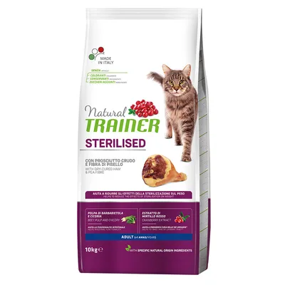 Natural Trainer Sterilised храна за котки, произведена в Италия, без оцветители, консерванти и добавена захар. С прошуто, грахови фибри, червено цвекло, цикория и екстракт от червена боровинка.
