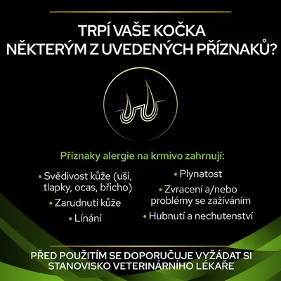 Text v češtine: Trpí vaše kočka některým z uvedených příznaků? Příznaky alergie na krmivo: svědivost kůže, zarudnutí, línání, plynatost, zvracení, hubnutí. Odporúčanie veterinára.