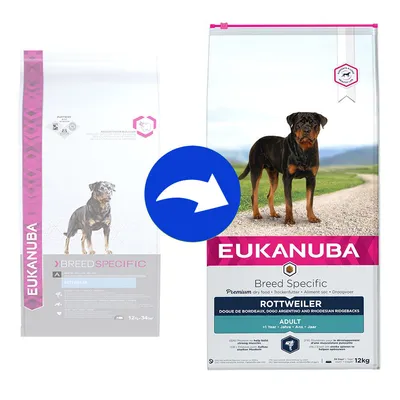 Confronto tra vecchio e nuovo packaging Eukanuba Breed Specific Rottweiler Adult 12 kg, con immagine di un cane Rottweiler su entrambi i sacchi. Freccia blu indica il cambiamento.