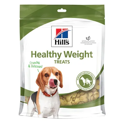 Hill's Healthy Weight Treats, natpis 'Crunchy & Delicious!', slika psa, tekst 'Supports healthy weight loss & maintenance', bez umjetnih konzervansa, aroma ili boja.