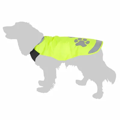 Neongelbe Hundeweste mit reflektierenden Streifen und Pfotenmotiv, geeignet für bessere Sichtbarkeit bei Dunkelheit.