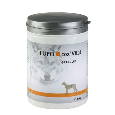Opakowanie LUPO cox Vital Granulat, pojemność 675 g. Na etykiecie widoczny rysunek wilka oraz sylwetka psa z zaznaczonym szkieletem.
