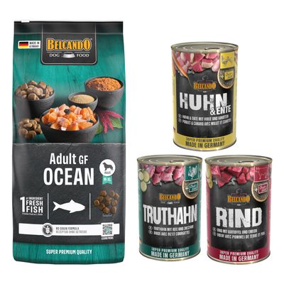 Belcando Adult Dinner, sac 15 kg et assortiment de 6 boîtes 400 g pour chien, texte visible : Pack gourmand. Emballages avec photo de chien et noms des variétés sur les boîtes.