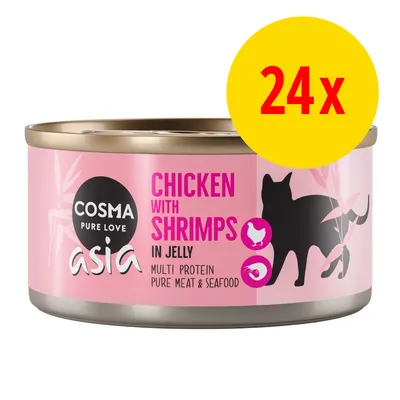 Cosma Pure Love asia kattemad, Chicken with Shrimps in Jelly, multi protein, pure meat & seafood. 24x dåser vist på gul cirkel.
