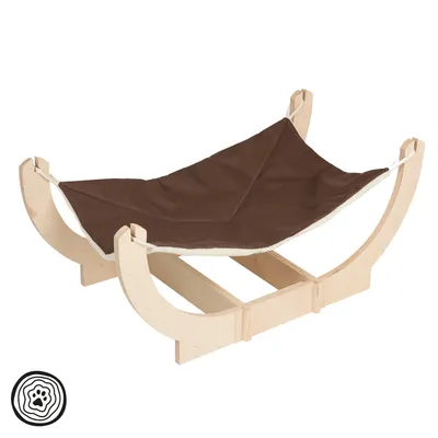 Hängematte aus Holz mit braunem Stoffbezug, geeignet für kleine Haustiere. Runde Holzrahmen und stabiler Standfuss sichtbar.